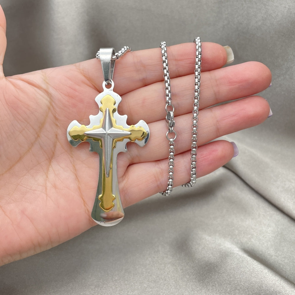 Stainless Steel Pendant Necklace, Cross Design, Polished, Two Tone