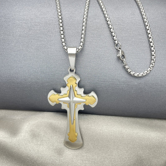 Stainless Steel Pendant Necklace, Cross Design, Polished, Two Tone