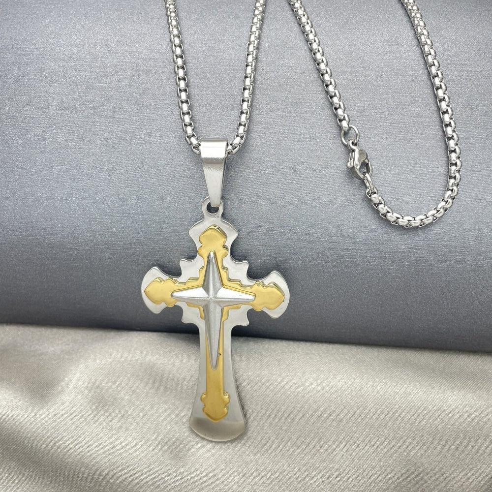 Stainless Steel Pendant Necklace, Cross Design, Polished, Two Tone