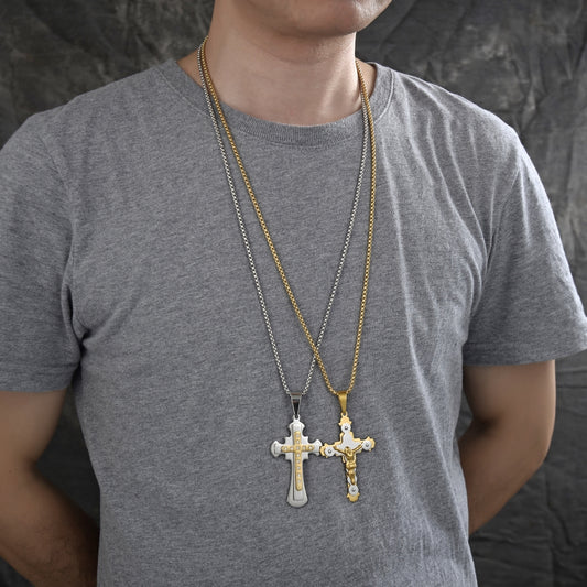Stainless Steel Pendant Necklace, Cross Design, with White Cubic Zirconia, Polished, Two Tone