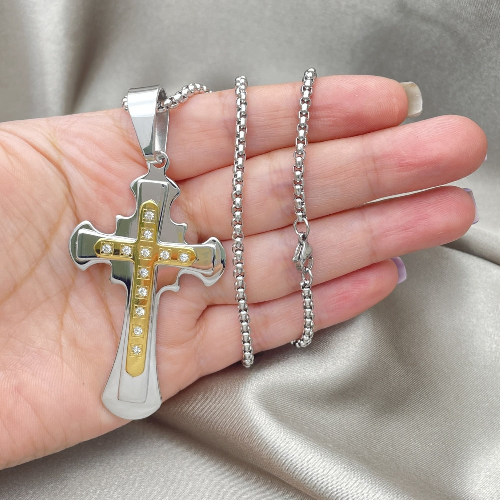 Stainless Steel Pendant Necklace, Cross Design, with White Cubic Zirconia, Polished, Two Tone
