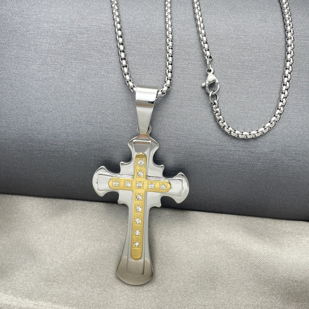 Stainless Steel Pendant Necklace, Cross Design, with White Cubic Zirconia, Polished, Two Tone