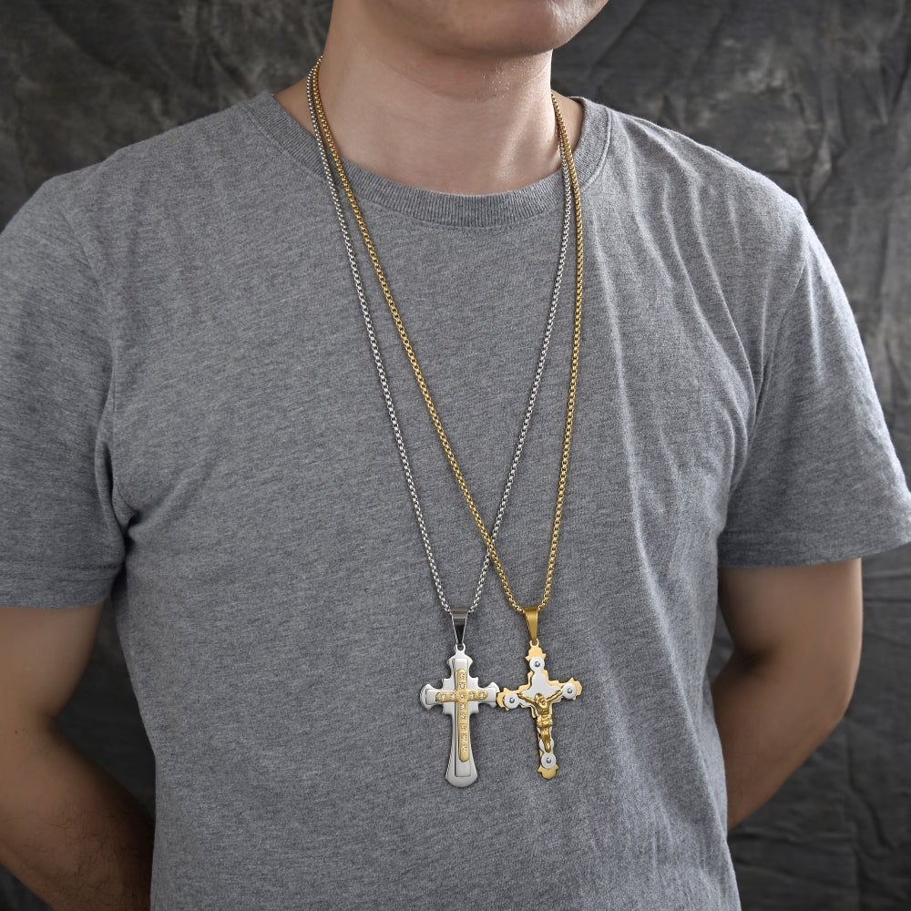 Stainless Steel Pendant Necklace, Crucifix Design, Polished, Two Tone