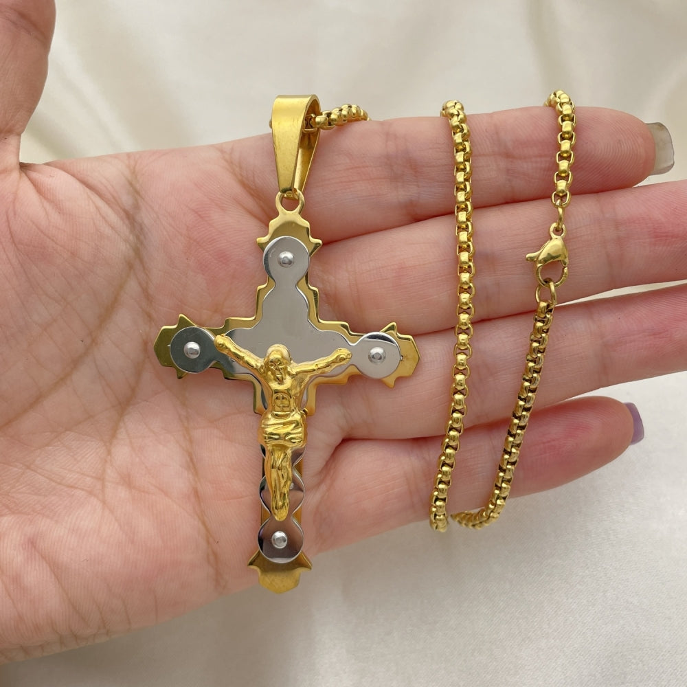 Stainless Steel Pendant Necklace, Crucifix Design, Polished, Two Tone