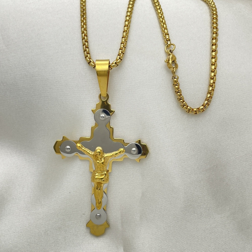 Stainless Steel Pendant Necklace, Crucifix Design, Polished, Two Tone