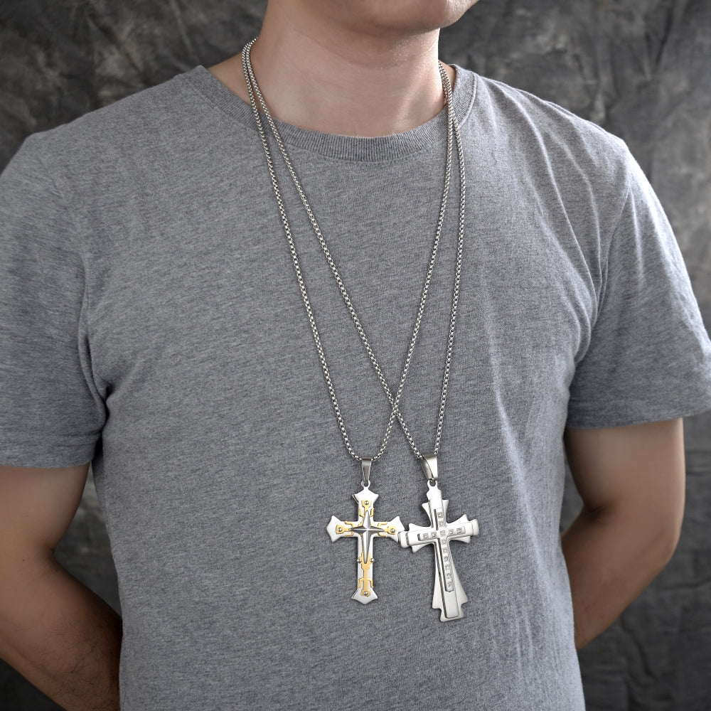 Stainless Steel Pendant Necklace, Cross Design, Polished, Two Tone