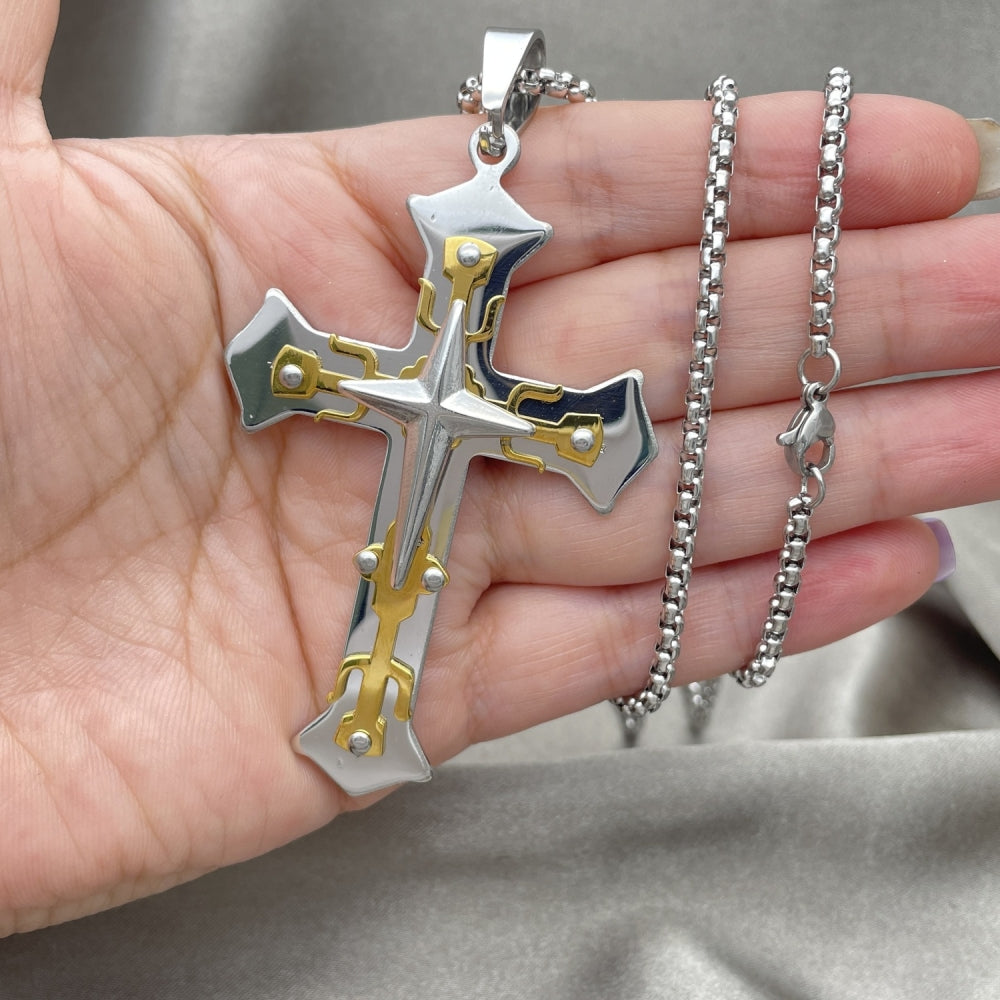 Stainless Steel Pendant Necklace, Cross Design, Polished, Two Tone