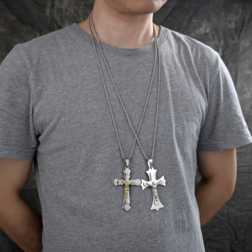 Stainless Steel Pendant Necklace, Crucifix Design, Polished, Two Tone