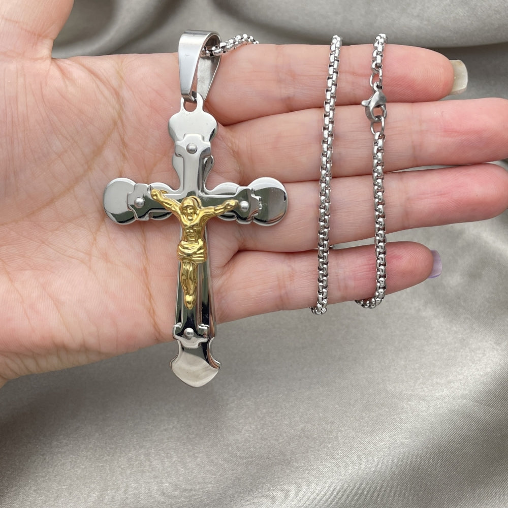 Stainless Steel Pendant Necklace, Crucifix Design, Polished, Two Tone
