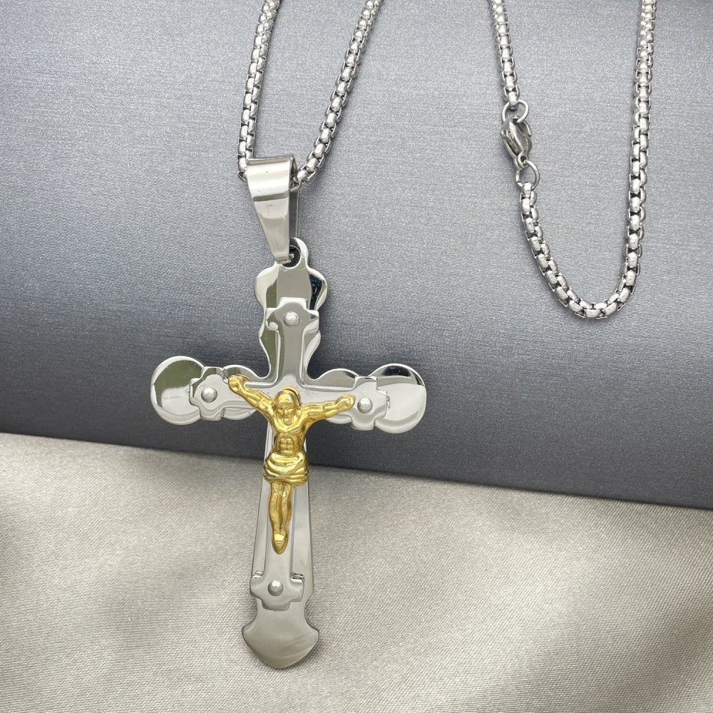 Stainless Steel Pendant Necklace, Crucifix Design, Polished, Two Tone