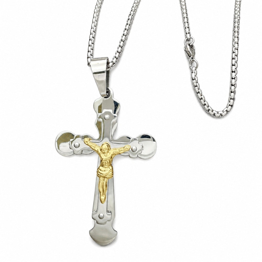Stainless Steel Pendant Necklace, Crucifix Design, Polished, Two Tone