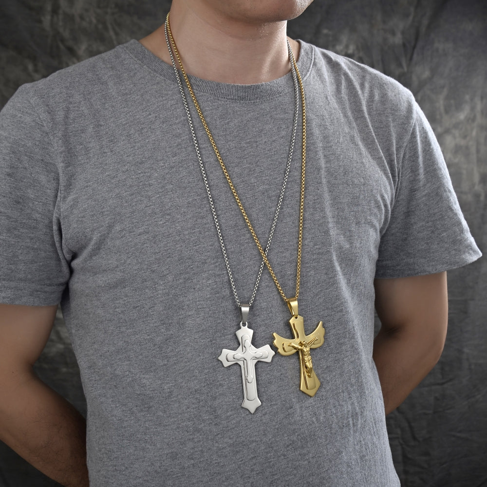 Stainless Steel Pendant Necklace, Crucifix Design, Polished, Golden Finish