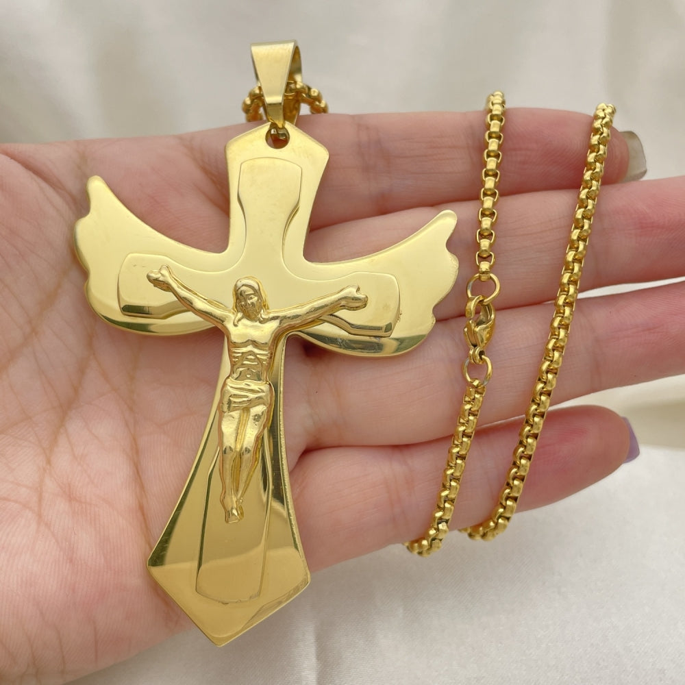 Stainless Steel Pendant Necklace, Crucifix Design, Polished, Golden Finish