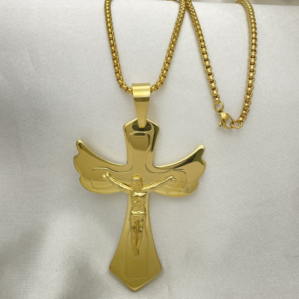 Stainless Steel Pendant Necklace, Crucifix Design, Polished, Golden Finish