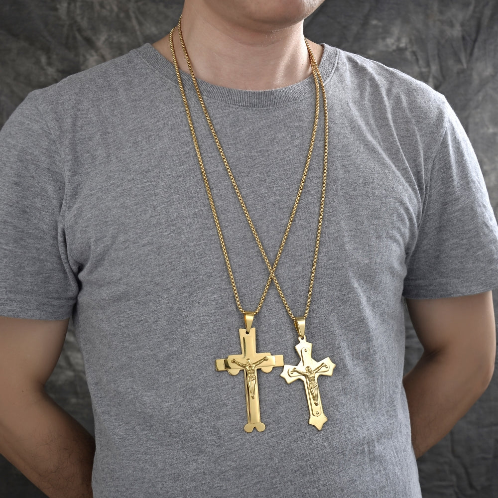 Stainless Steel Pendant Necklace, Crucifix Design, Polished, Golden Finish