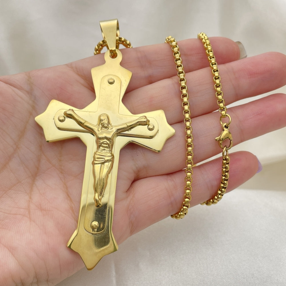 Stainless Steel Pendant Necklace, Crucifix Design, Polished, Golden Finish