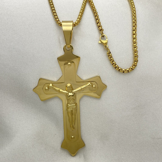Stainless Steel Pendant Necklace, Crucifix Design, Polished, Golden Finish