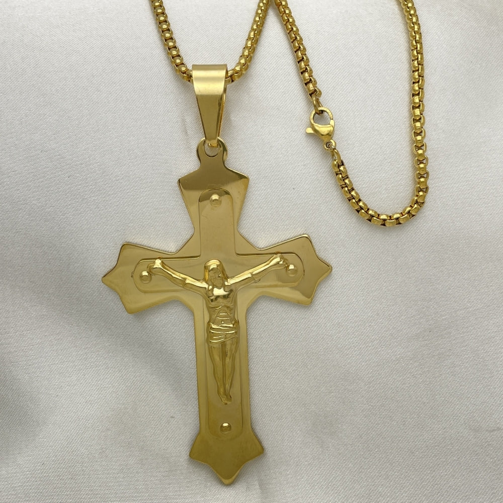 Stainless Steel Pendant Necklace, Crucifix Design, Polished, Golden Finish