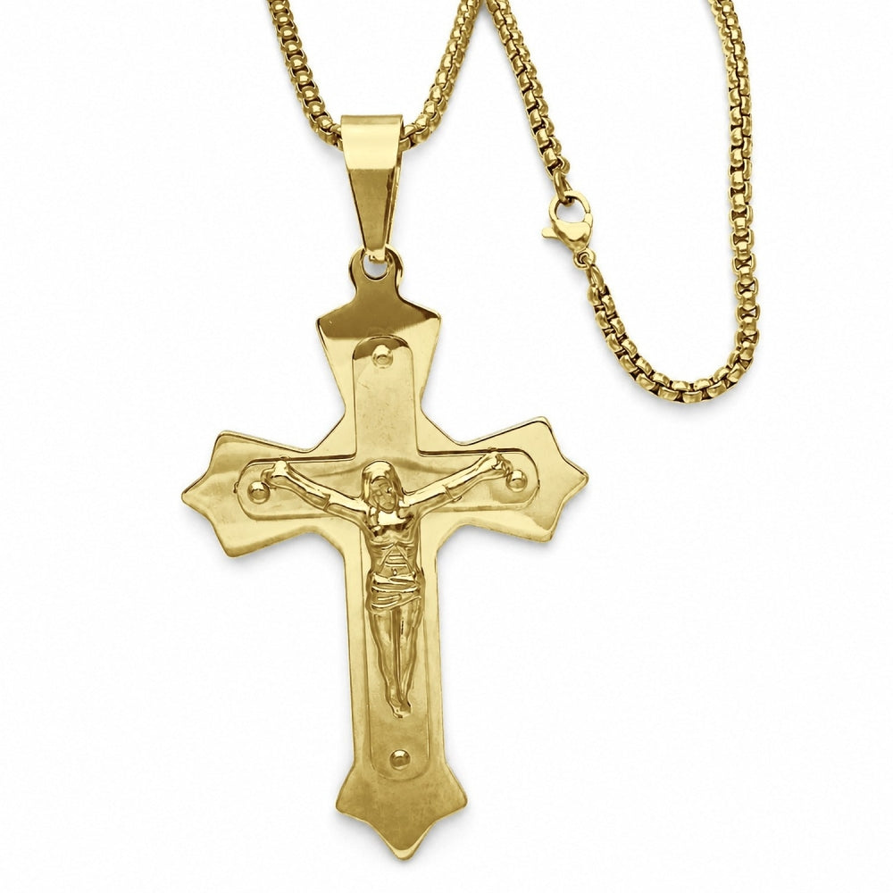 Stainless Steel Pendant Necklace, Crucifix Design, Polished, Golden Finish