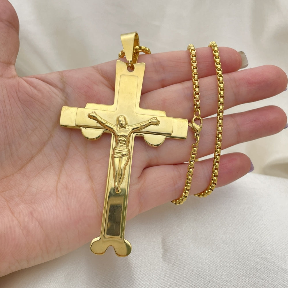 Stainless Steel Pendant Necklace, Crucifix Design, Polished, Golden Finish