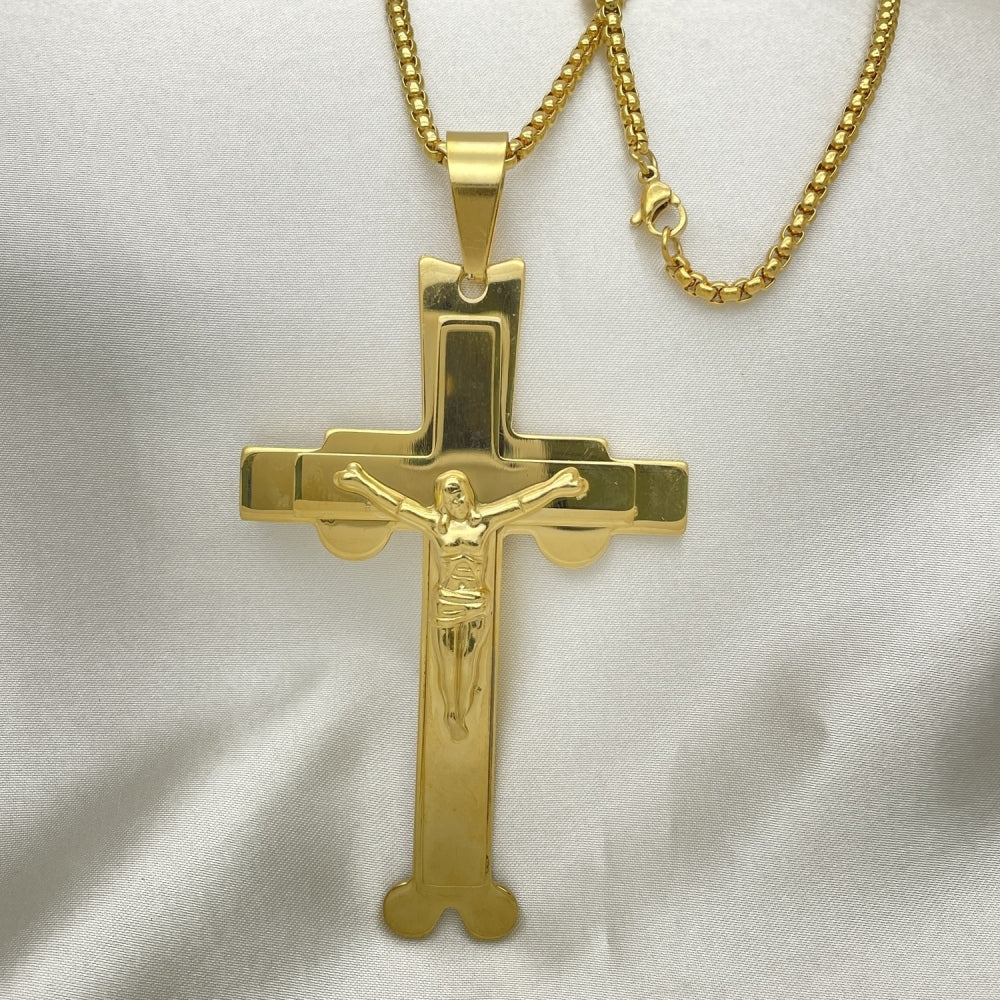 Stainless Steel Pendant Necklace, Crucifix Design, Polished, Golden Finish