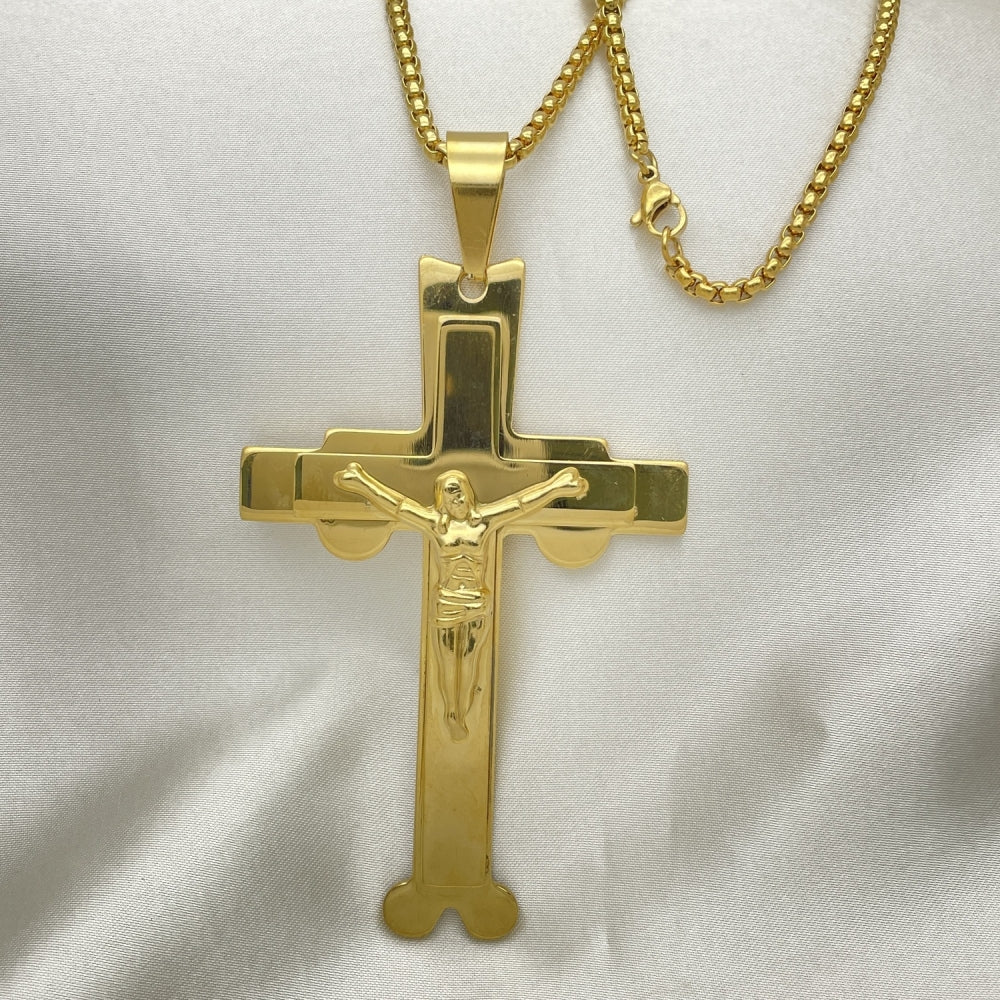 Stainless Steel Pendant Necklace, Crucifix Design, Polished, Golden Finish