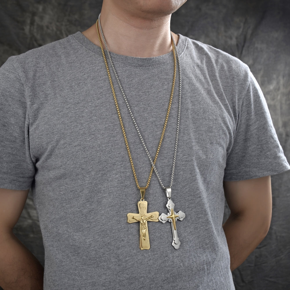 Stainless Steel Pendant Necklace, Cross Design, Polished, Two Tone