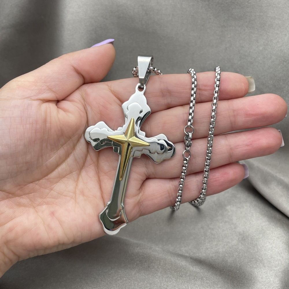 Stainless Steel Pendant Necklace, Cross Design, Polished, Two Tone