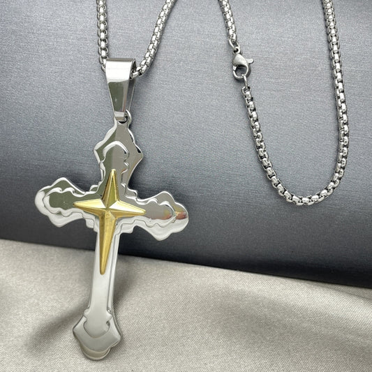 Stainless Steel Pendant Necklace, Cross Design, Polished, Two Tone