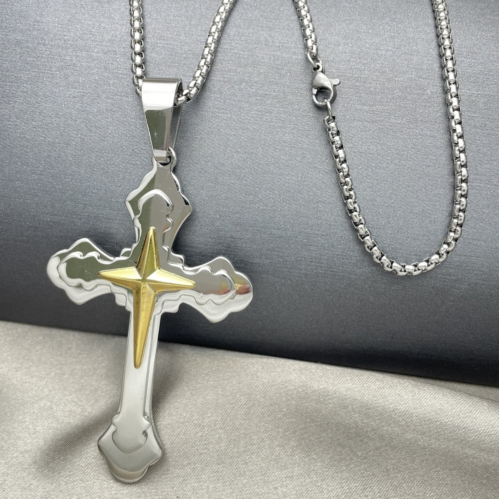 Stainless Steel Pendant Necklace, Cross Design, Polished, Two Tone