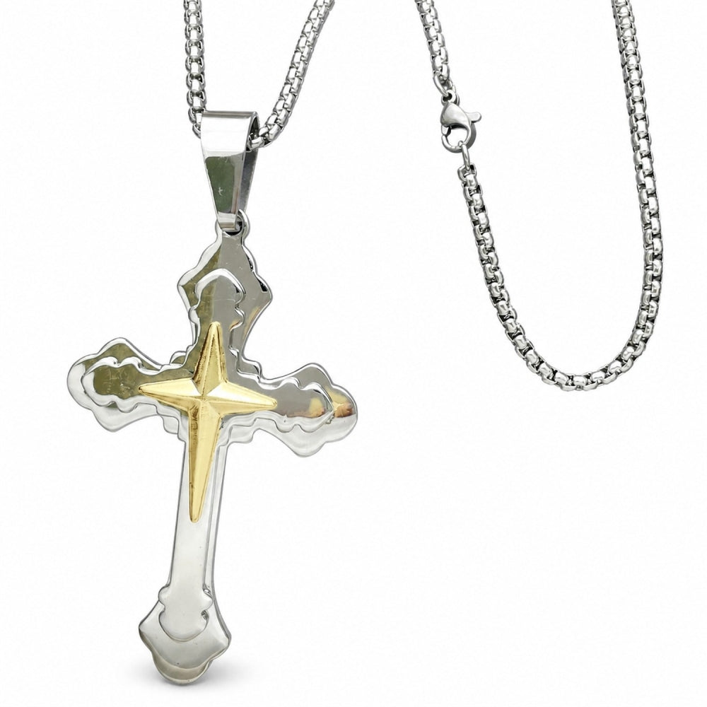Stainless Steel Pendant Necklace, Cross Design, Polished, Two Tone