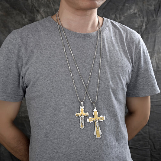 Stainless Steel Pendant Necklace, Crucifix Design, Polished, Two Tone