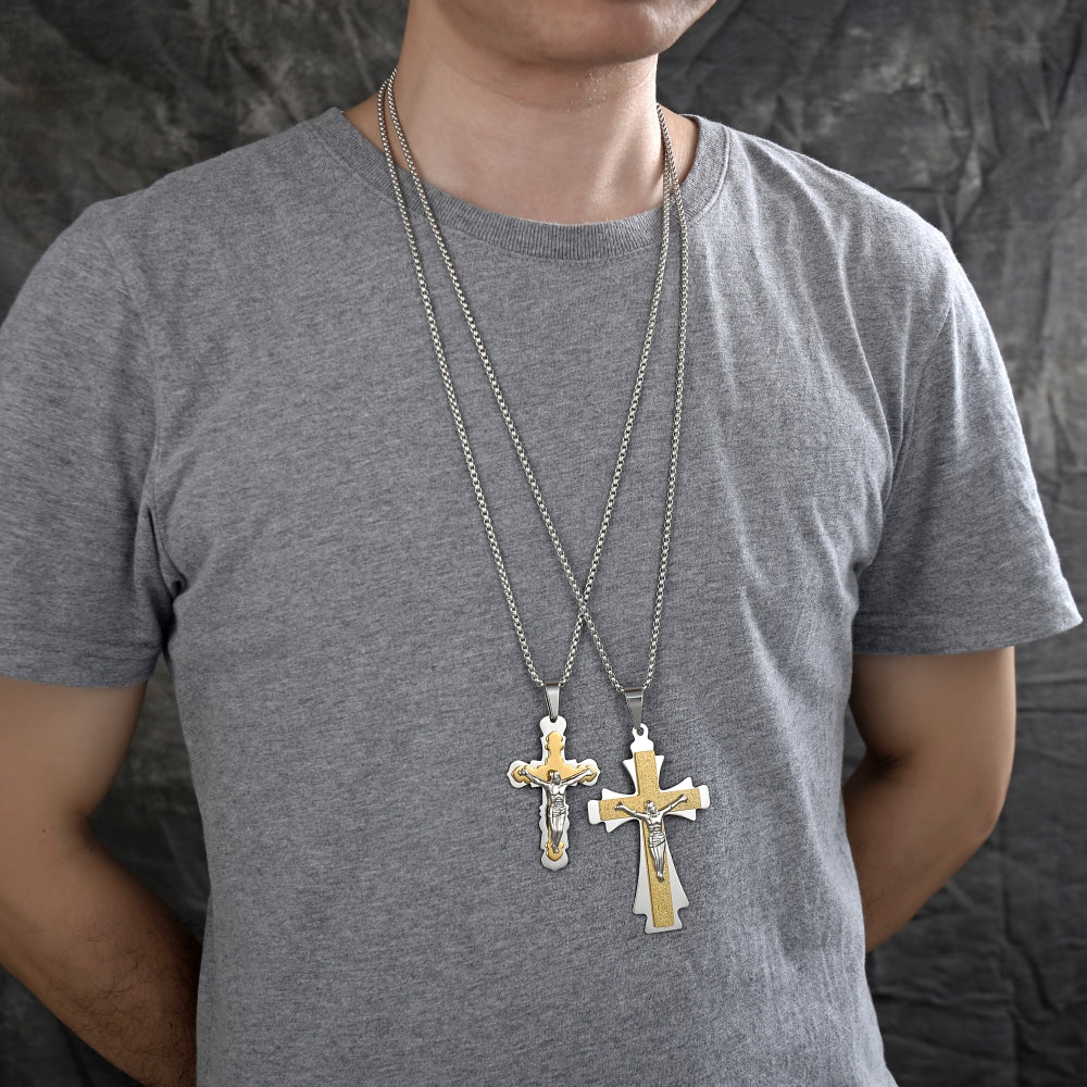 Stainless Steel Pendant Necklace, Crucifix Design, Polished, Two Tone