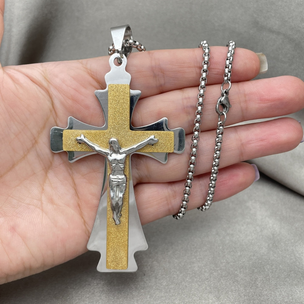 Stainless Steel Pendant Necklace, Crucifix Design, Polished, Two Tone
