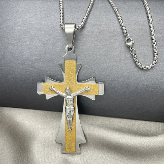 Stainless Steel Pendant Necklace, Crucifix Design, Polished, Two Tone
