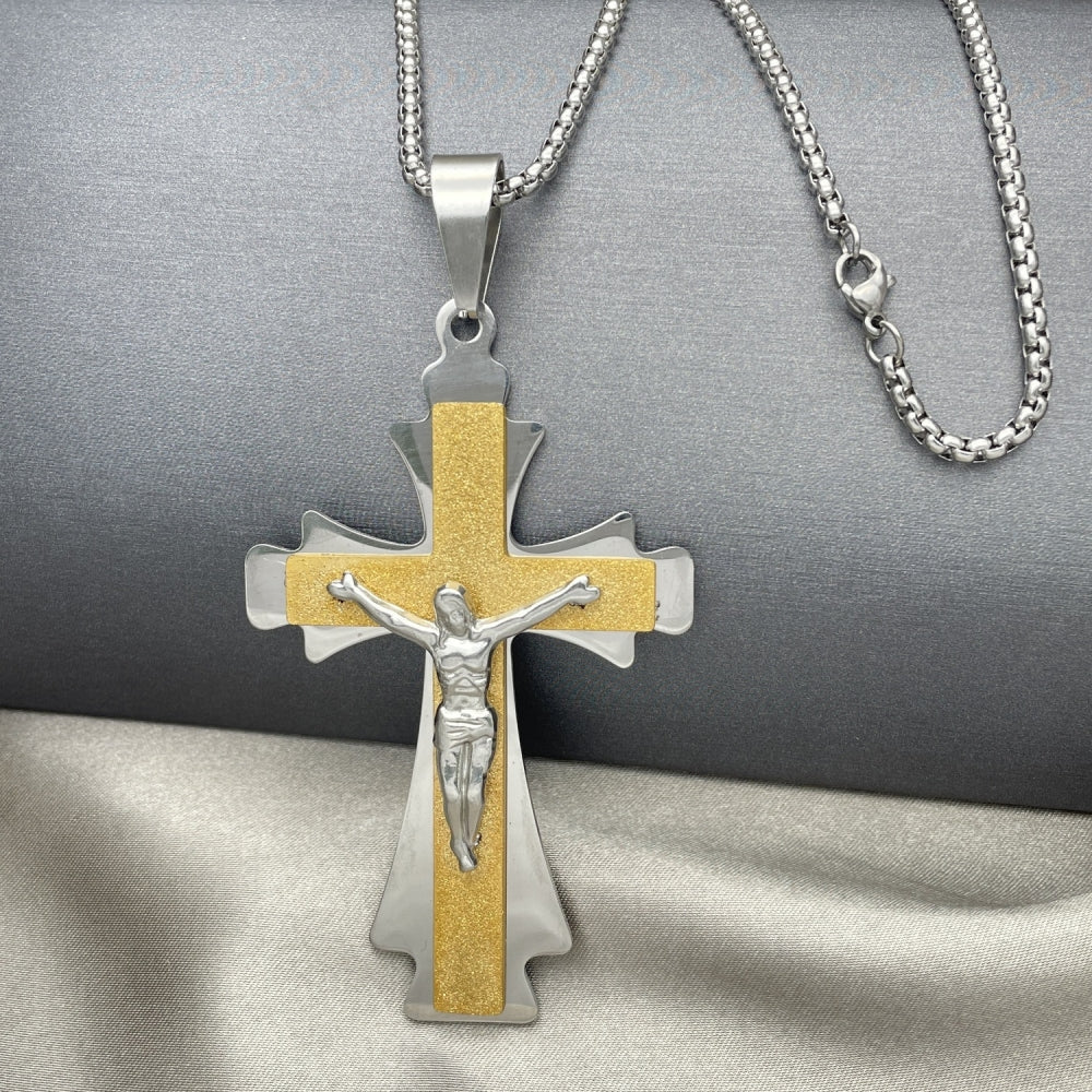 Stainless Steel Pendant Necklace, Crucifix Design, Polished, Two Tone