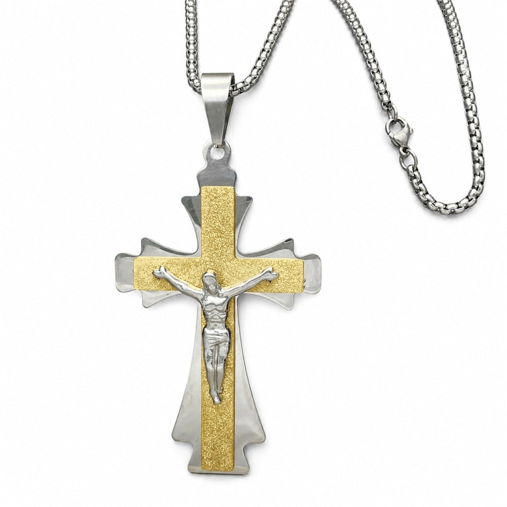 Stainless Steel Pendant Necklace, Crucifix Design, Polished, Two Tone