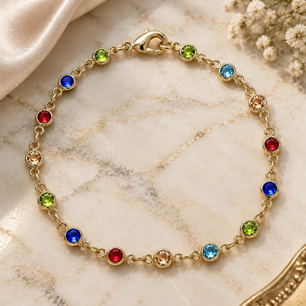 Oro Laminado Fancy Bracelet, Gold Filled Style with Multicolor Cubic Zirconia, Polished, Golden Finish