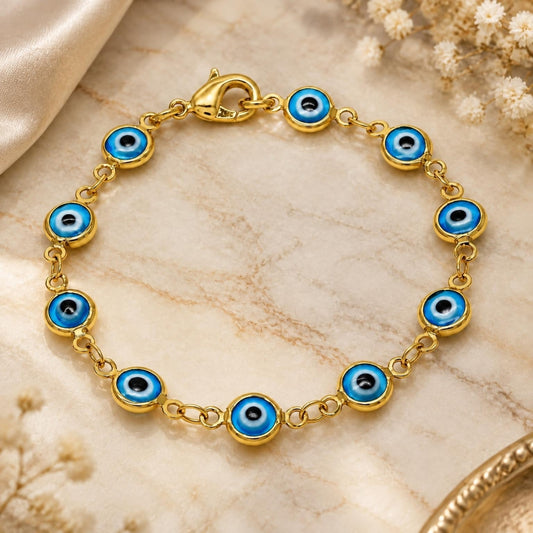 Oro Laminado Fancy Bracelet, Gold Filled Style Evil Eye Design, Acqua Resin Finish, Golden Finish