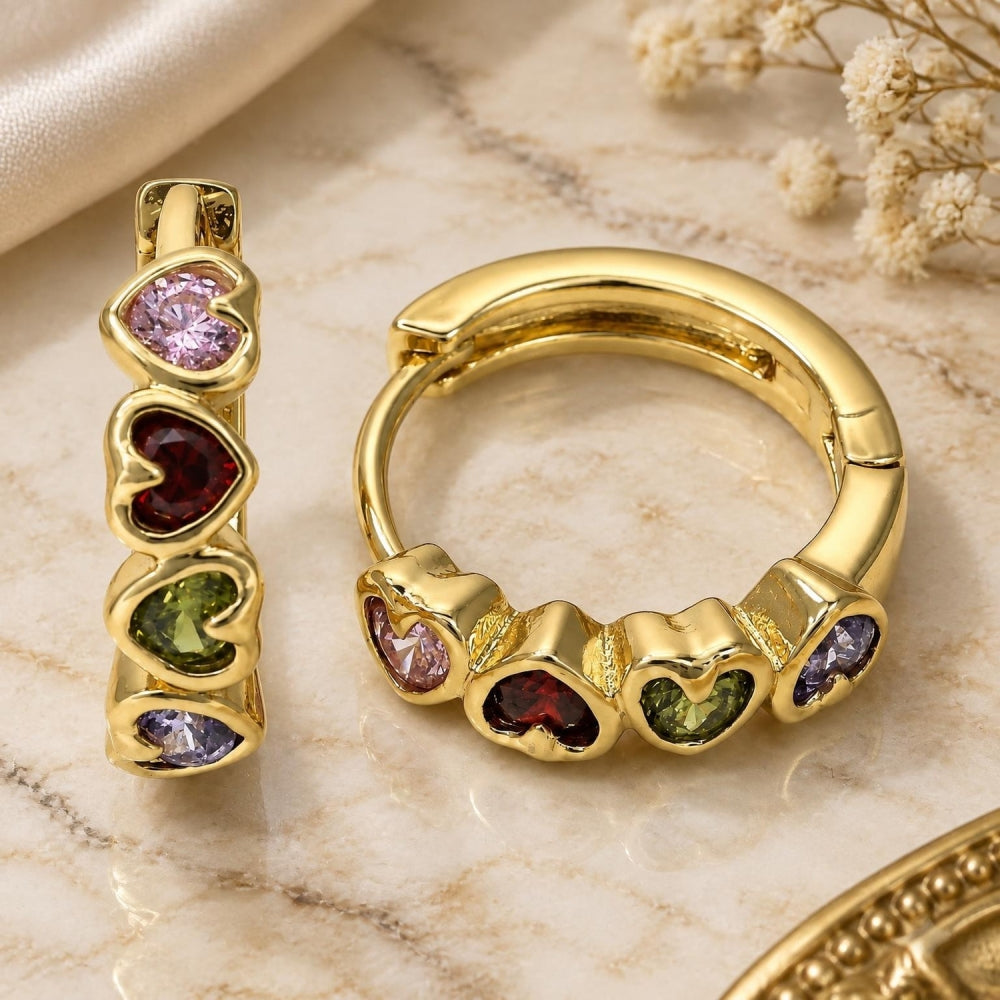 Oro Laminado Huggie Hoop, Gold Filled Style Heart Design, with Multicolor Cubic Zirconia, Polished, Golden Finish