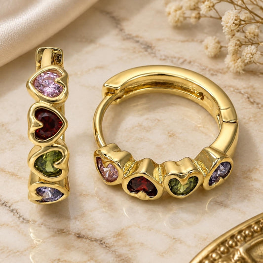Oro Laminado Huggie Hoop, Gold Filled Style Heart Design, with Multicolor Cubic Zirconia, Polished, Golden Finish