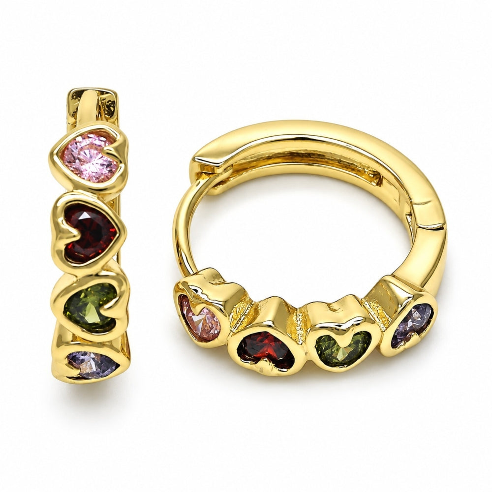 Oro Laminado Huggie Hoop, Gold Filled Style Heart Design, with Multicolor Cubic Zirconia, Polished, Golden Finish