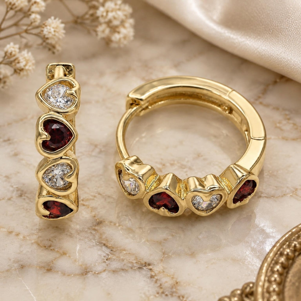 Oro Laminado Huggie Hoop, Gold Filled Style Heart Design, with Garnet and White Cubic Zirconia, Polished, Golden Finish