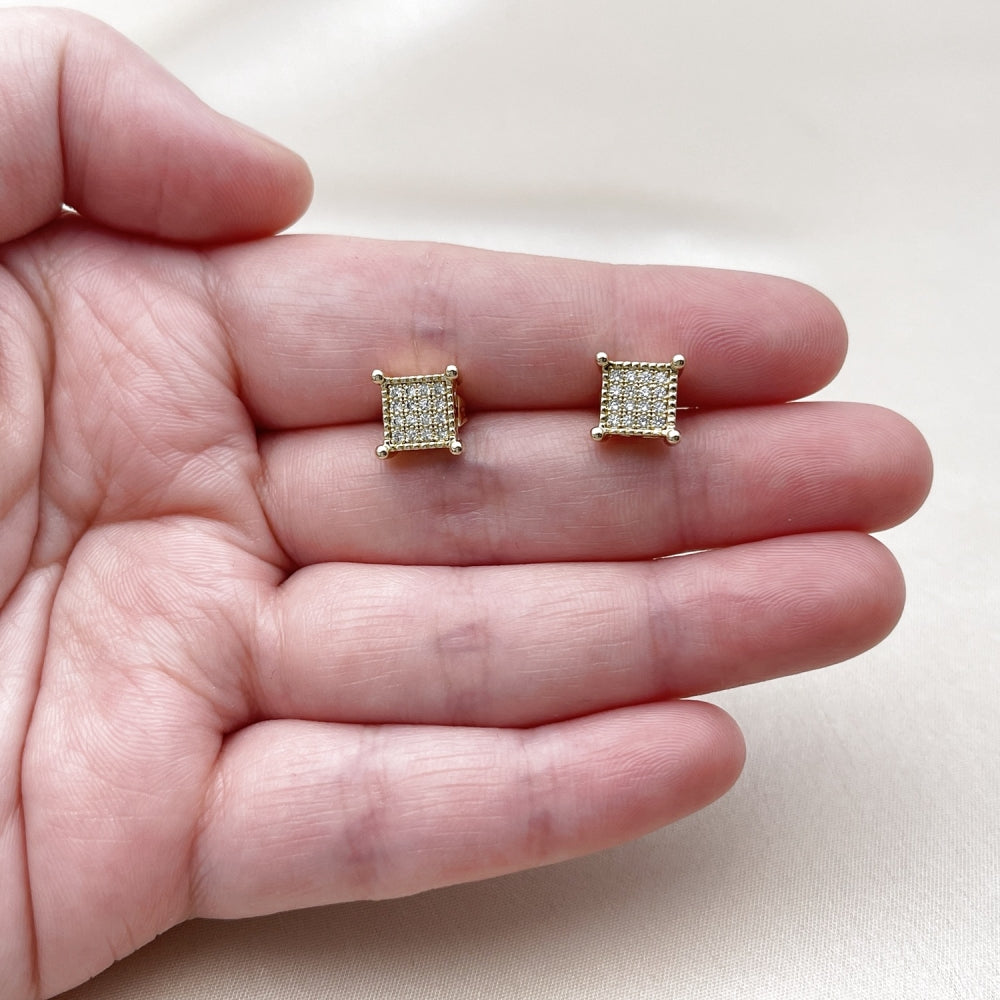 Oro Laminado Stud Earring, Gold Filled Style with White Cubic Zirconia, Polished, Golden Finish