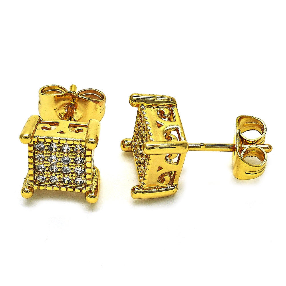 Oro Laminado Stud Earring, Gold Filled Style with White Cubic Zirconia, Polished, Golden Finish