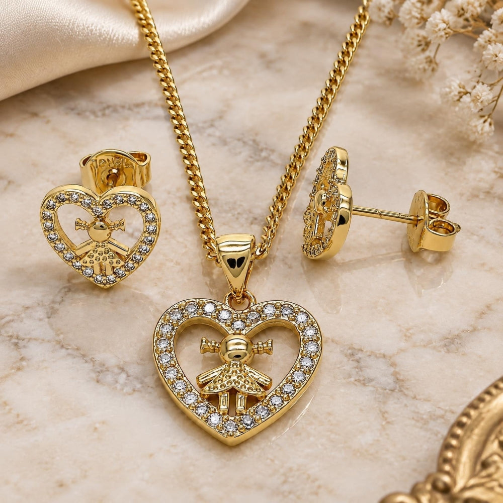 Oro Laminado Earring and Pendant Adult Set, Gold Filled Style Heart and Little Girl Design, with White Micro Pave, Polished, Golden Finish