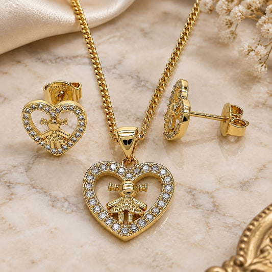 Oro Laminado Earring and Pendant Adult Set, Gold Filled Style Heart and Little Girl Design, with White Micro Pave, Polished, Golden Finish