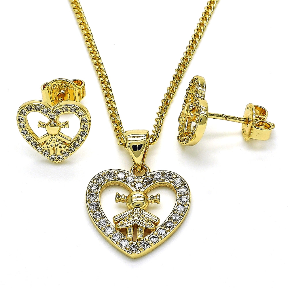 Oro Laminado Earring and Pendant Adult Set, Gold Filled Style Heart and Little Girl Design, with White Micro Pave, Polished, Golden Finish