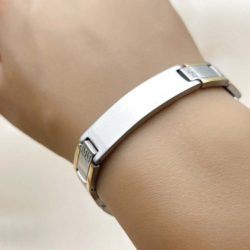Stainless Steel Solid Bracelet, Greek Key Design, Polished, Two Tone