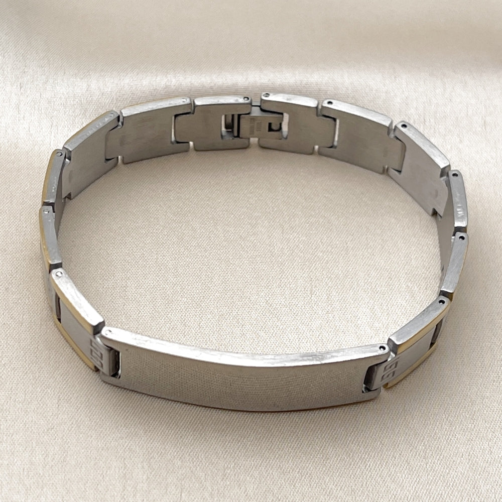 Stainless Steel Solid Bracelet, Greek Key Design, Polished, Two Tone